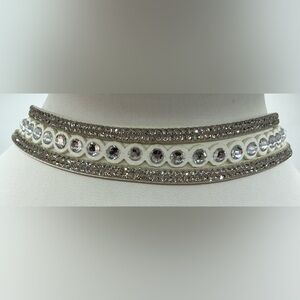 FAUX WHITE LEATHER SILVERTONE CLEAR RHINESTONE 3 SECTION COLLAR NECKLACE